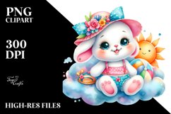 Colorful Baby Rabbit Sitting on Smiling Cloud PNG Product Image 2