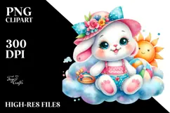 Colorful Baby Rabbit Sitting on Smiling Cloud PNG Product Image 2