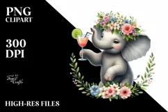 Watercolor Young Elephant with Flowers | Clipart Product Image 1