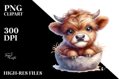 Watercolor Cute Highland Cow Sitting in Pocket | Clipart Product Image 2
