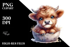 Watercolor Cute Highland Cow Sitting in Pocket | Clipart Product Image 2
