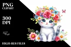 Vibrant Flower Crown Kitten | Colorful Cartoon-Style Clipart Product Image 1