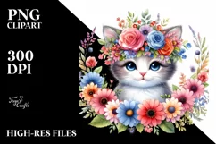 Cartoon-Style Watercolor Flower Crown Kitten Clipart Product Image 3