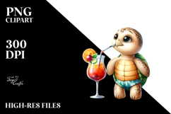 Watercolor Turtle in Beachwear with Cocktail PNG Product Image 2