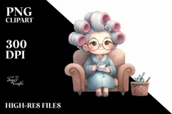Old Lady with Hair Curlers, Tea Cup | Clipart Product Image 1