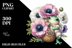 a Cute Baby Frog with Anemone Bouquet Clipart Product Image 1