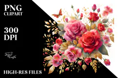Colorful Red Roses with Gold Insertions, PNG Product Image 2