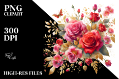 Colorful Red Roses with Gold Insertions, PNG Product Image 2