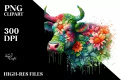 Abstract Vibrant Cow with Plant Leaves and 3D Flowers, PNG Product Image 1