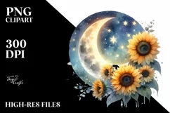 Vintage Half Moon with Sunflowers Clipart, Transparent PNG Product Image 1