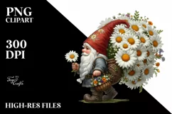 Small Gnome Carrying Large Daisy Bouquet | Clipart Product Image 1