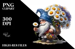 Small Gnome Carrying Large Daisy Bouquet | Clipart Product Image 3