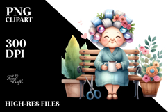 Old Lady Sitting on Bench, Holding Mug | Clipart Product Image 2
