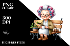 Old Lady Sitting on Bench, Holding Mug | Clipart Product Image 2