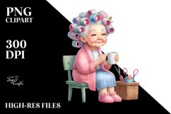 Old Lady Sitting on Bench, Holding Mug | Clipart Product Image 2