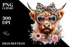 Elegant Highland Cow with Animal Print Sunglasses PNG Product Image 3