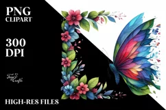 Vibrant Butterfly with Plant Leaves and 3D Flowers, PNG Product Image 1
