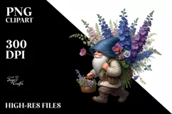 Detailed Gnome with Delphinium Bouquet Sublimation Clipart Product Image 3