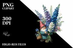 Detailed Gnome with Delphinium Bouquet Sublimation Clipart Product Image 1