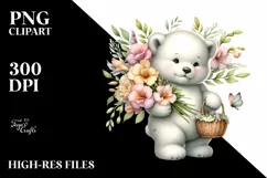 a Cute Baby Polar Bear with Freesia Bouquet Clipart Product Image 1