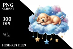 Watercolor Puppy Sleeping on Cloud with Hanging Stars Product Image 1