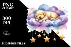 Watercolor Puppy Sleeping on Cloud with Hanging Stars Product Image 1