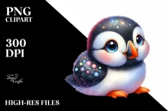 Colorful Small Baby Puffin with Moon and Flowers | Clipart Product Image 1
