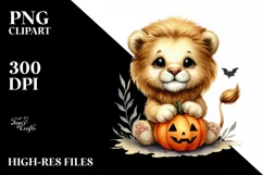 Cute Sitting Lion with Halloween Pumpkin, PNG Product Image 1
