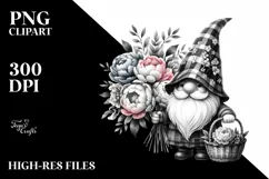 Detailed Black and White Gnome with Peony Bouquet Product Image 1
