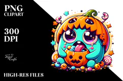 Funny Pumpkin Monster Eating Candy PNG Product Image 2