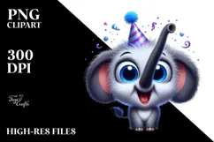 Silly Cartoon Elephant with Party Hat PNG Product Image 2