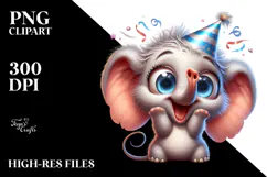 Silly Cartoon Elephant with Party Hat PNG Product Image 2