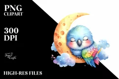Colorful Baby Parrot Sleeping on Moon | Clipart Product Image 1