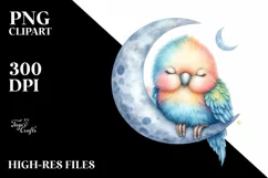 Colorful Baby Parrot Sleeping on Moon | Clipart Product Image 3