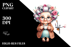 Old Lady Character Tea Cup Bench Clipart Product Image 2