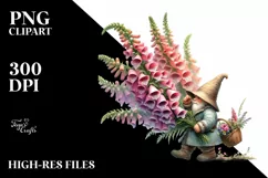 Gnome with Foxglove Flower Bouquet Watercolor | Clipart Product Image 3