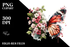 Grungy Butterfly with Spring Flowers, Colorful PNG Product Image 2