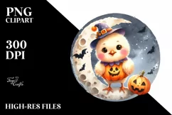 Cute Chicken Halloween Moon Watercolor PNG Product Image 1