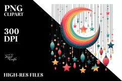 Retro Colorful Half Moon with Hanging Stars, Transparent PNG Product Image 3
