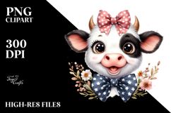 Funny Baby Cow with Bow Tie, Big Eyes PNG Product Image 2