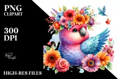 Colorful Cartoon Parrot with Flower Crown Clipart Product Image 3