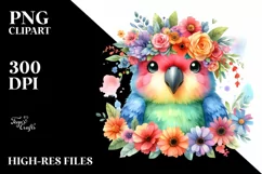 Colorful Cartoon Parrot with Flower Crown Clipart Product Image 3