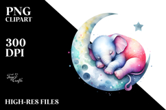 Colorful Watercolor Elephant Sleeping on the Moon | Product Image 2