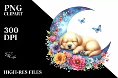 Whimsical Puppy Sleeping on the Moon | Clipart Product Image 1