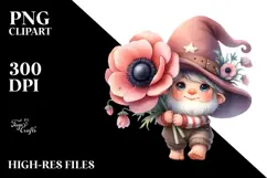 Watercolor Cute Baby Gnome with Anemone Ornament PNG Product Image 2