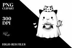 Simple Halloween Cute Ghost with Animal Print and Tea PNG Product Image 1
