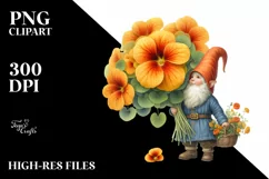 Gnome with Nasturtium Flower Bouquet Watercolor | Clipart Product Image 3