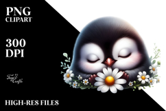 Digital Watercolor of Baby Penguin Sleeping on Flower PNG Product Image 2