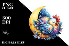Colorful Watercolor Chicken on Moon Clipart Product Image 1