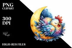 Colorful Watercolor Chicken on Moon Clipart Product Image 1